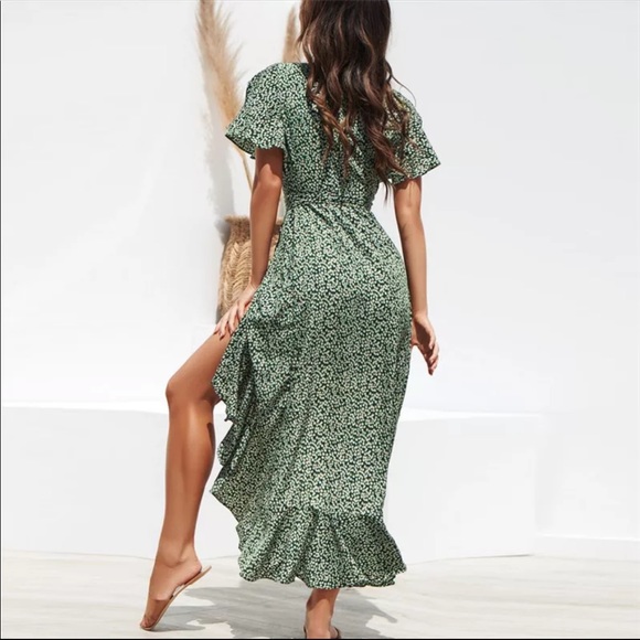 2 Left! Green Floral Wrap Maxi Boho Chiffon Dress - Picture 6 of 14